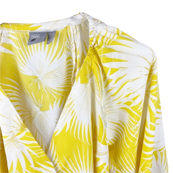ASOS Yellow Palm Print Plunge Kimono Top V Neck Wrap Puffy Sleeve Blouse Size 2 - Picture 7 of 11